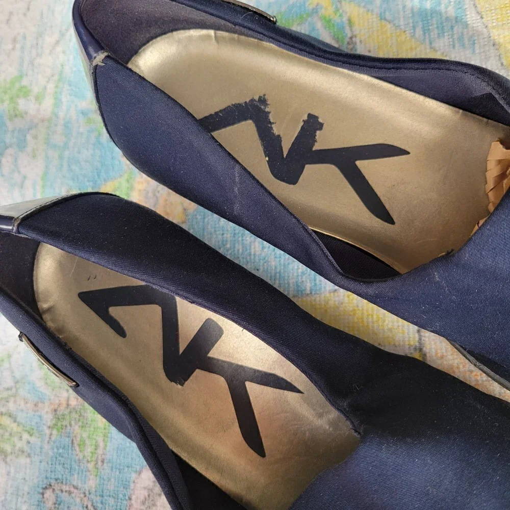 Anne Klein Sport Navy Blue Slip On Comfort Shoes Wedge Heels Rubber Sole Size 9